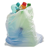Recycling bag filled with colorful plastic bottles.