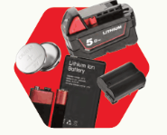 Assorted batteries including power tool, coin cell, and rectangular lithium-ion types.