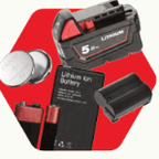 Assorted batteries including power tool, coin cell, and rectangular lithium-ion types.