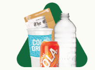 Plastic bottle, soda can, paper cup, cardboard box, and newspaper.
