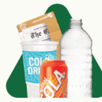 Plastic bottle, soda can, paper cup, cardboard box, and newspaper.