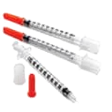 Three clear insulin syringes, two capped and one uncapped with its needle exposed.