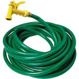 Green coiled garden hose with a yellow spray nozzle.