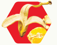 Peeled banana and orange segment on a red hexagon.