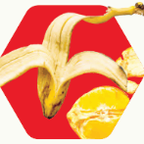 Peeled banana and orange segment on a red hexagon.