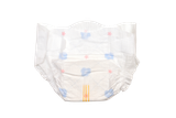 White baby diaper with blue flowers, pink stars, and a yellow wetness indicator line.