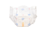 White baby diaper with blue flowers, pink stars, and a yellow wetness indicator line.
