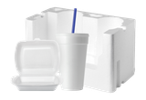 White styrofoam takeout items: an open container, a cup with a blue straw, and a cup carrier.