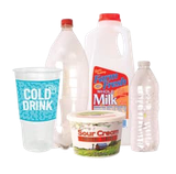 Plastic containers including a milk jug, water bottles, a sour cream tub, and a cold drink cup.