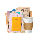 A stack of newspapers, mail, and other paper with a coffee cup.