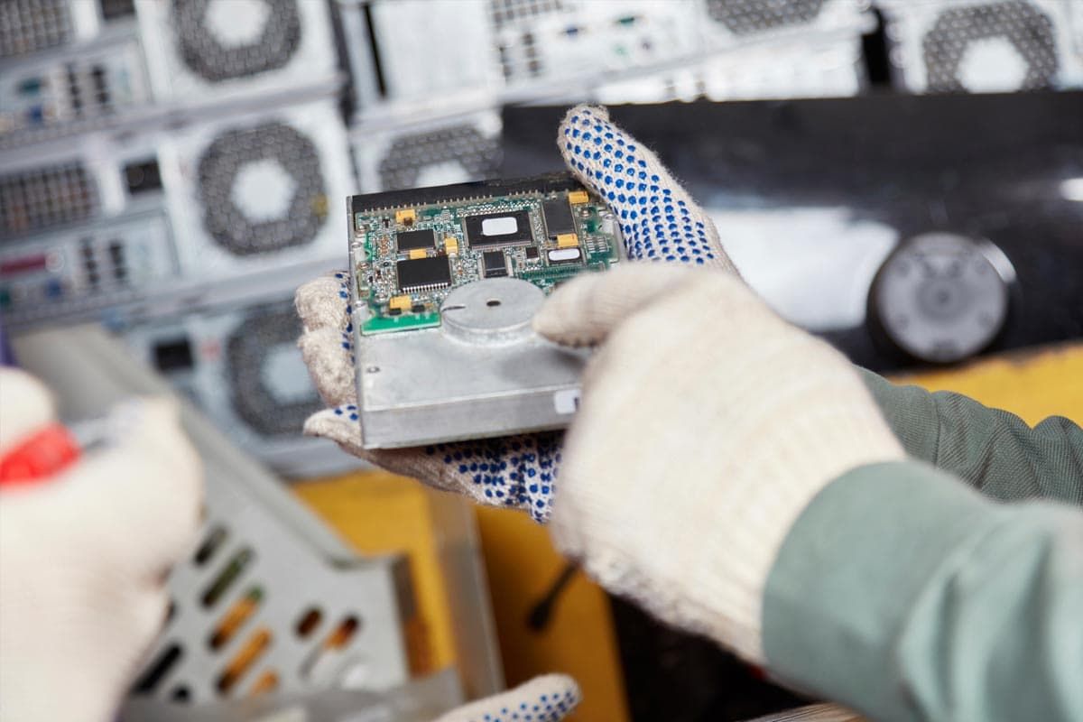 Person in gloves holding a computer hard drive with electronic waste in the background.