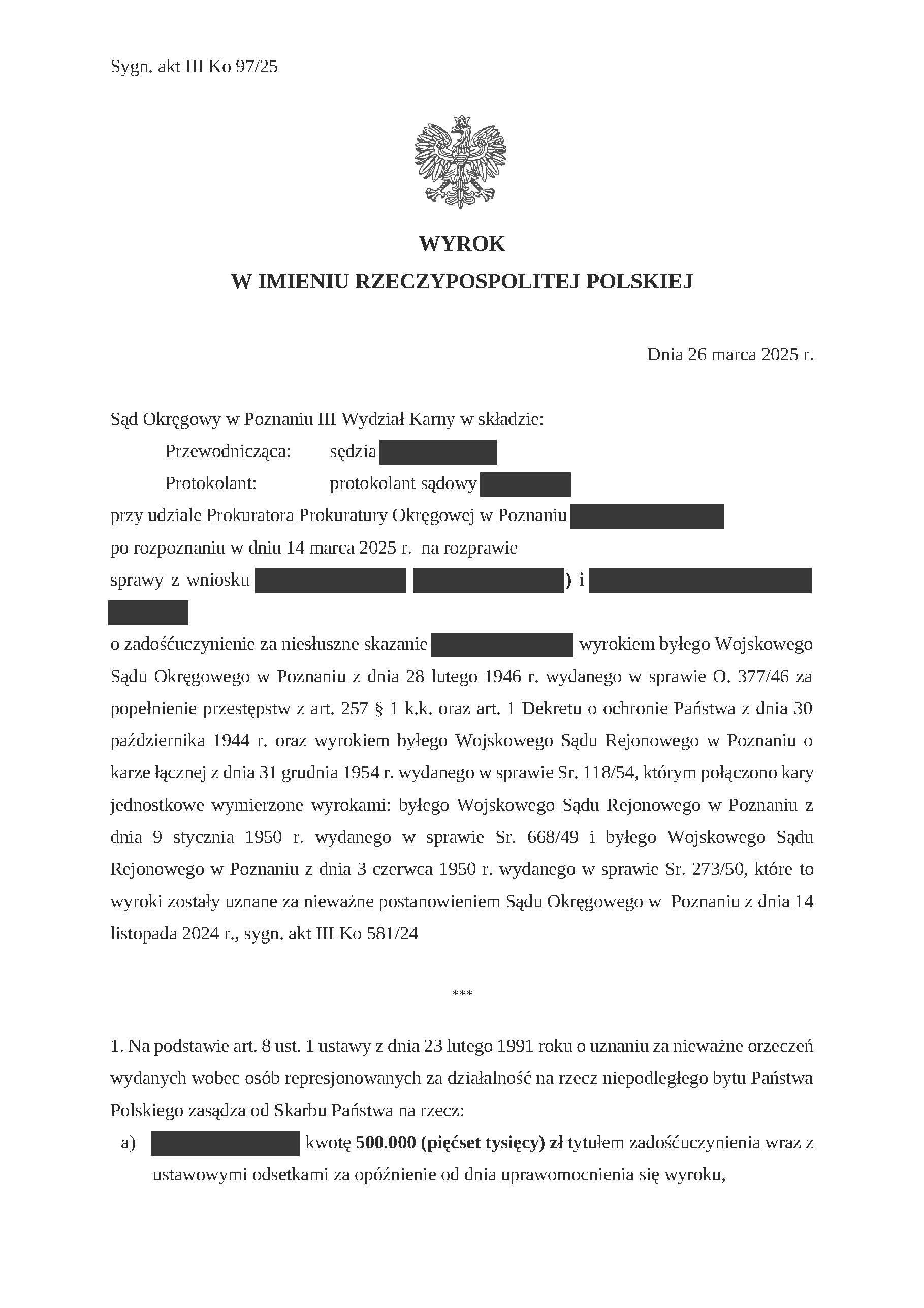 Wygrana sprawa o zadośćuczynienie dla córek osoby represjonowanej.