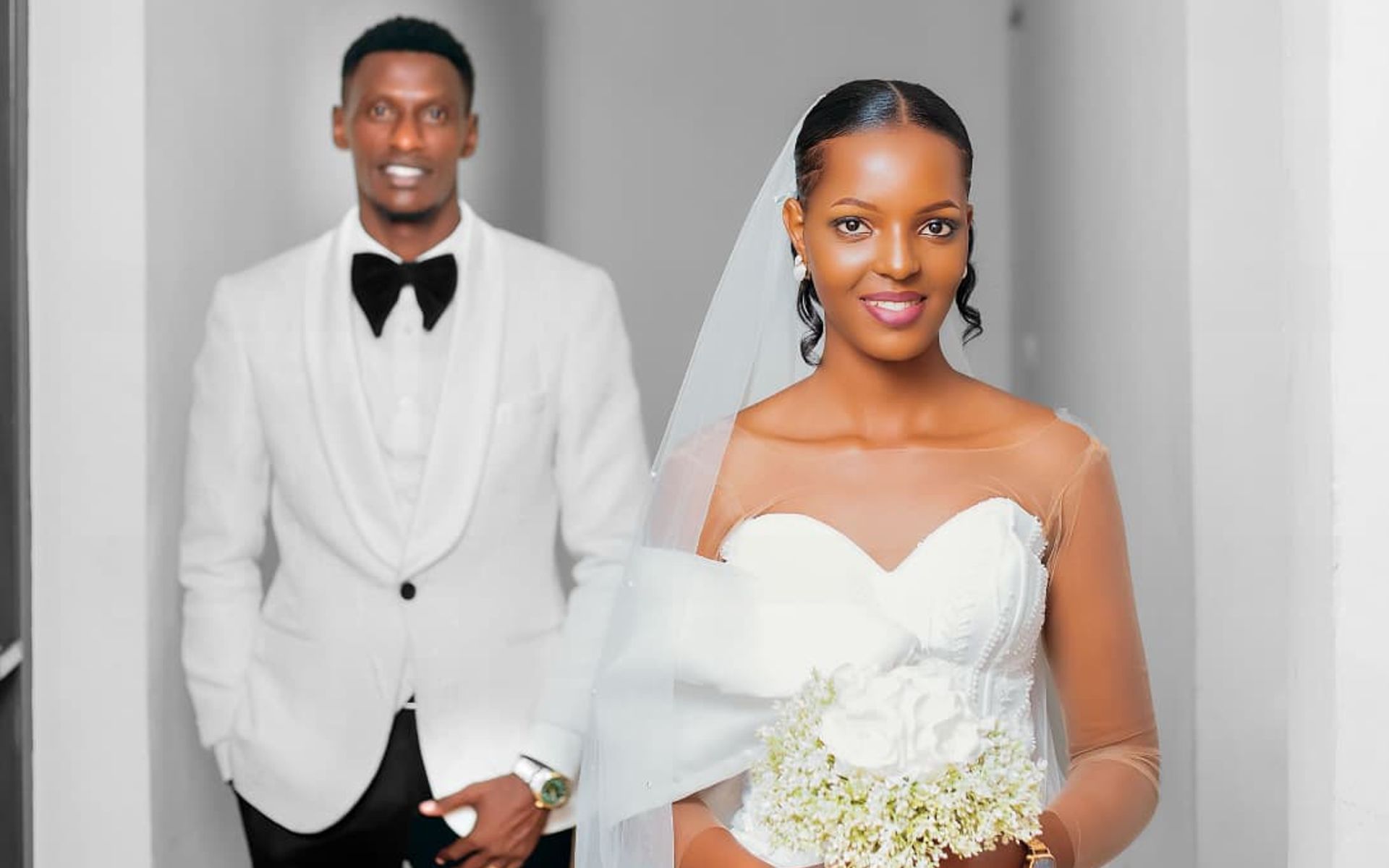 Groom and bride portrait, editorial black-and-white style, wedding day