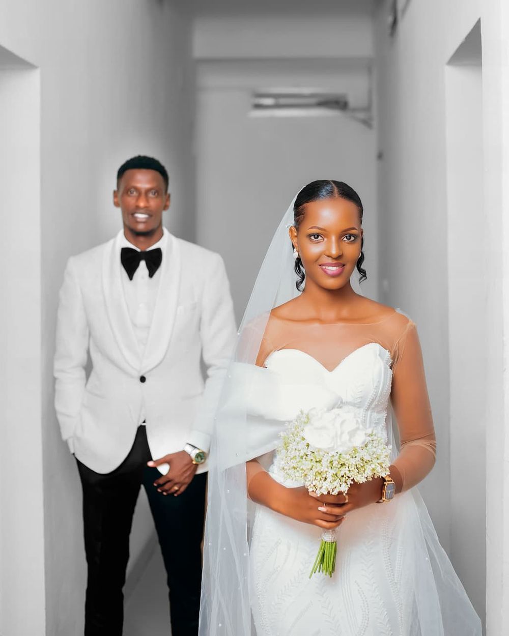 Groom and bride portrait, editorial black-and-white style, wedding day