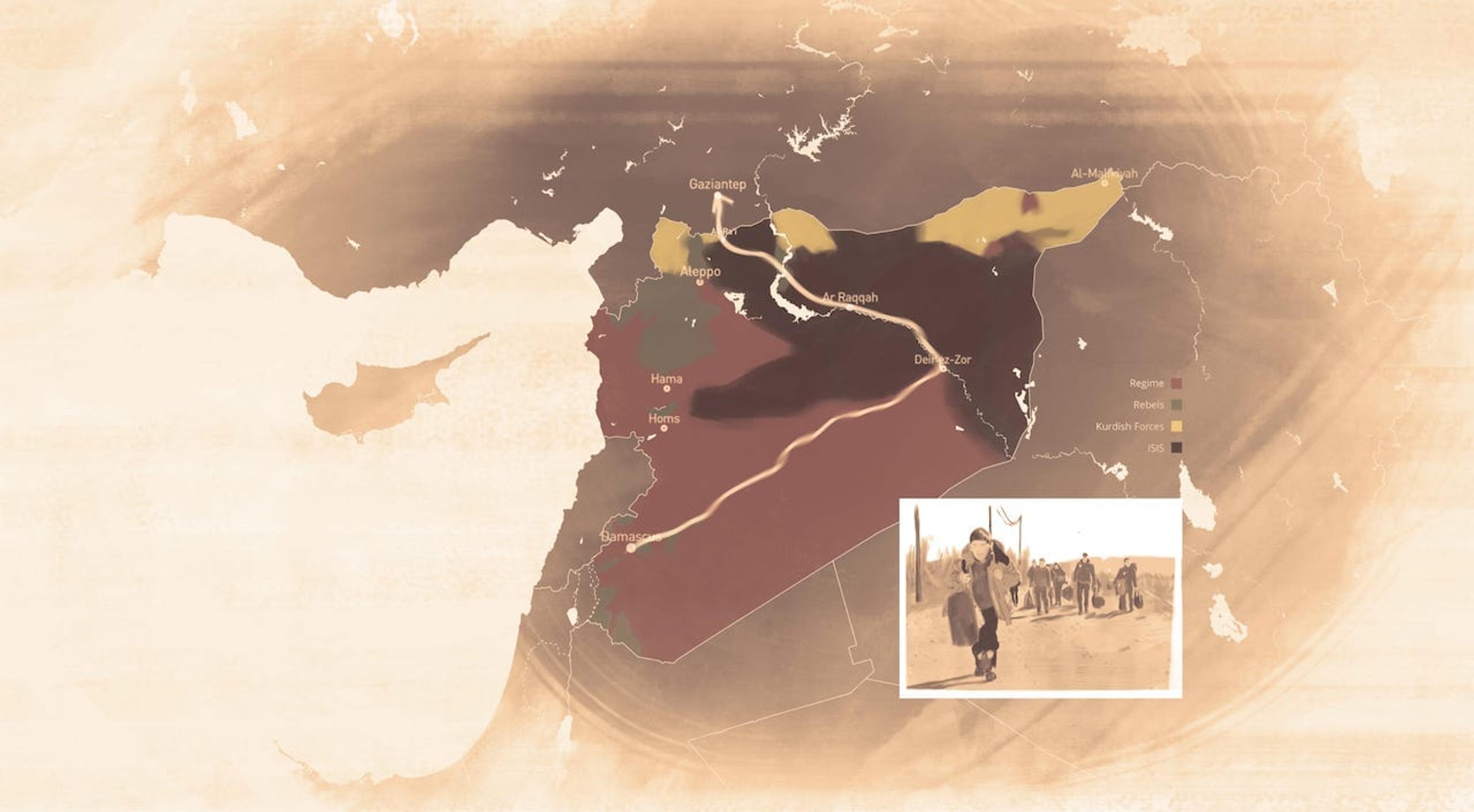 Illustration showing Karam's journey through Syria to Turkey