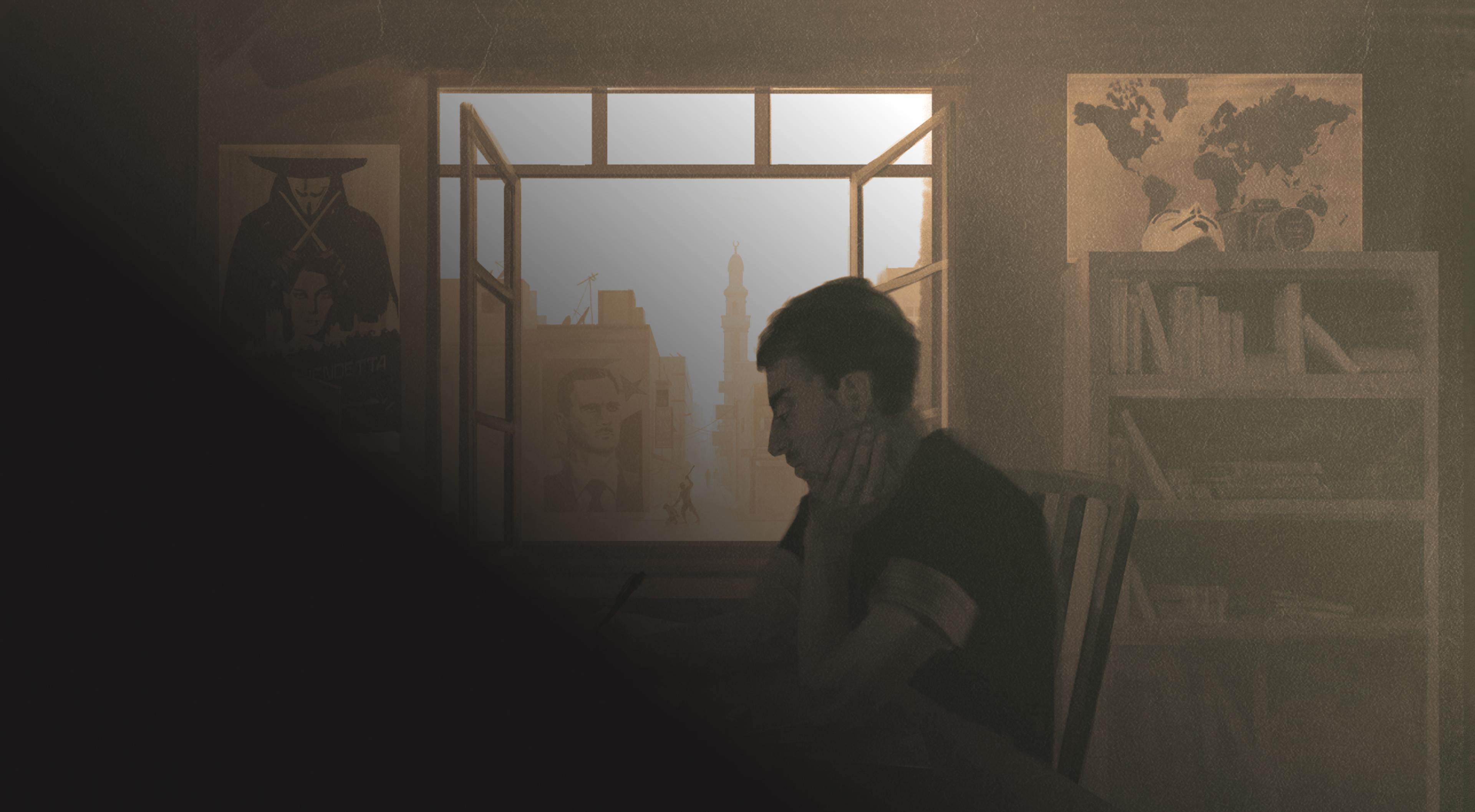 Illustration of Karam studying at his desk in Syria