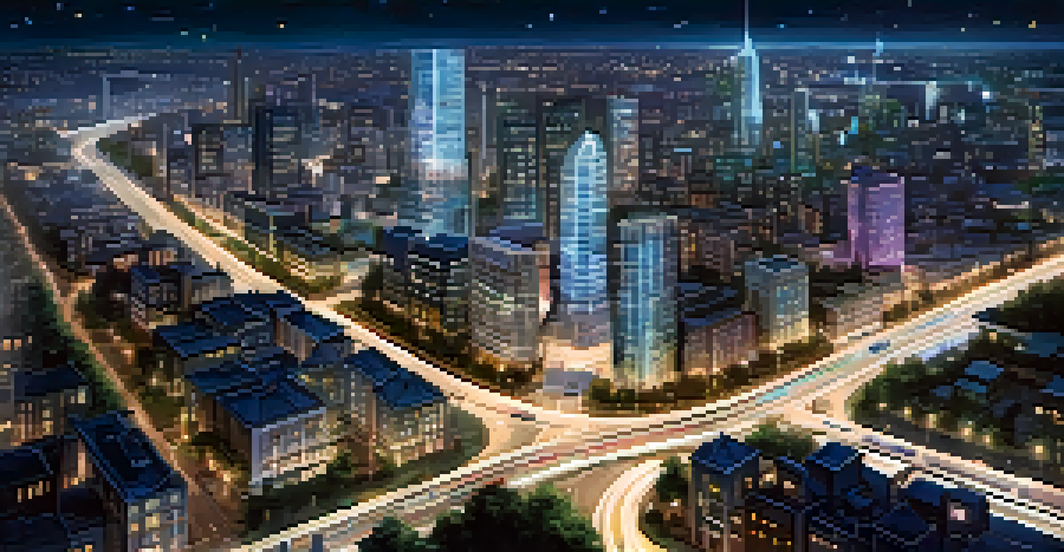 A nighttime aerial view of a smart city, featuring illuminated buildings and flowing traffic, under a starry sky.