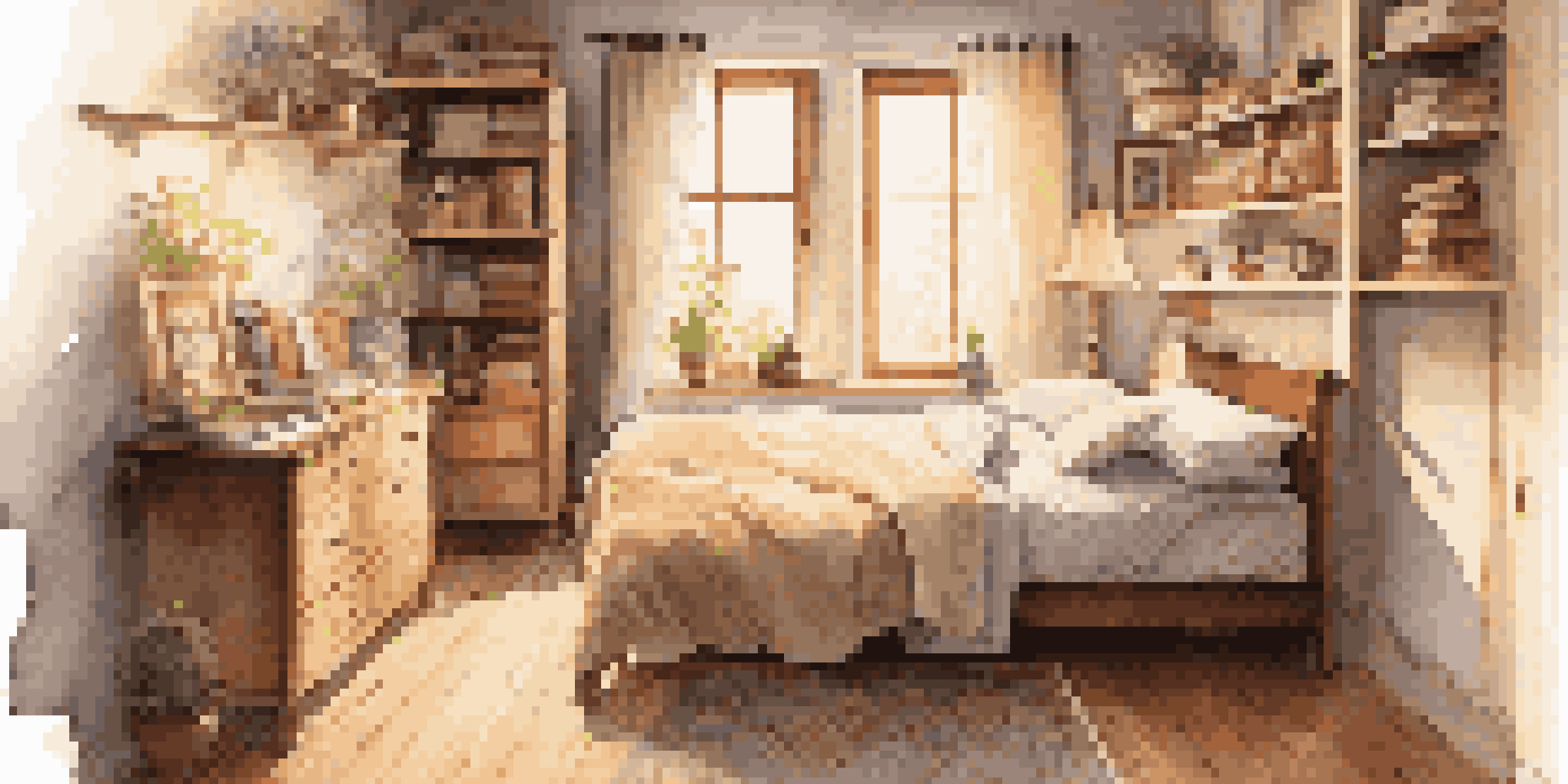 A cozy bedroom with a multi-functional bed that has built-in drawers, and decorative baskets on shelves for storage. The room is filled with soft natural light.