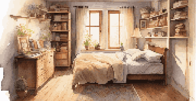 A cozy bedroom with a multi-functional bed that has built-in drawers, and decorative baskets on shelves for storage. The room is filled with soft natural light.