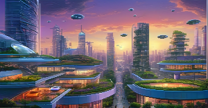 A futuristic city skyline at dusk with smart buildings, green roofs, autonomous vehicles, and hovering drones.