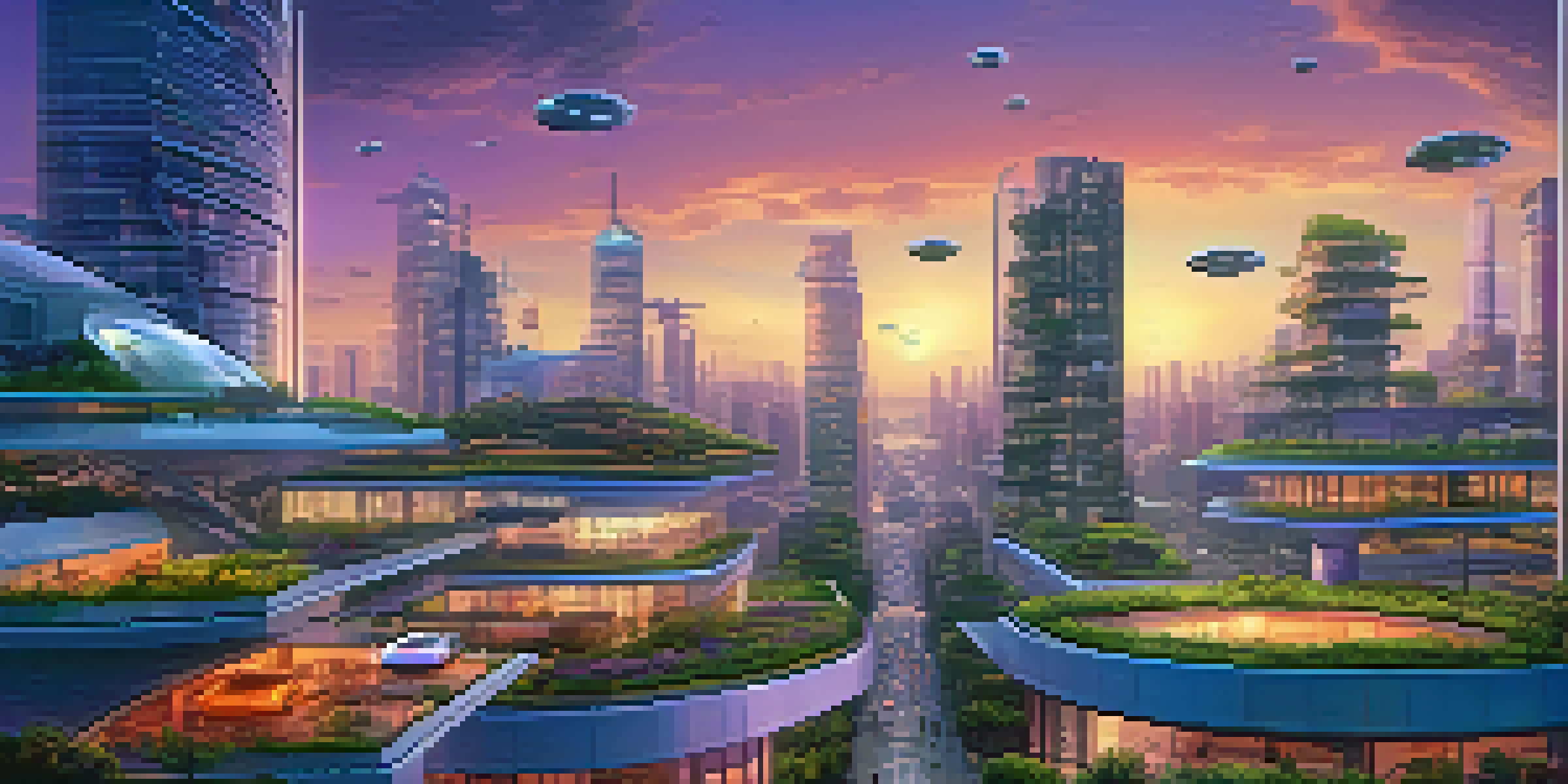 A futuristic city skyline at dusk with smart buildings, green roofs, autonomous vehicles, and hovering drones.