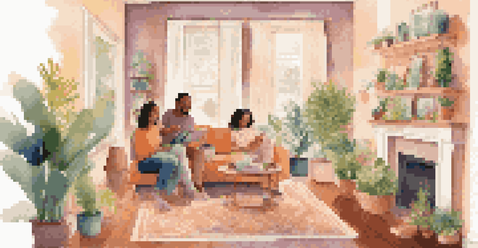 A family enjoying a virtual house tour on a tablet in a bright living room.