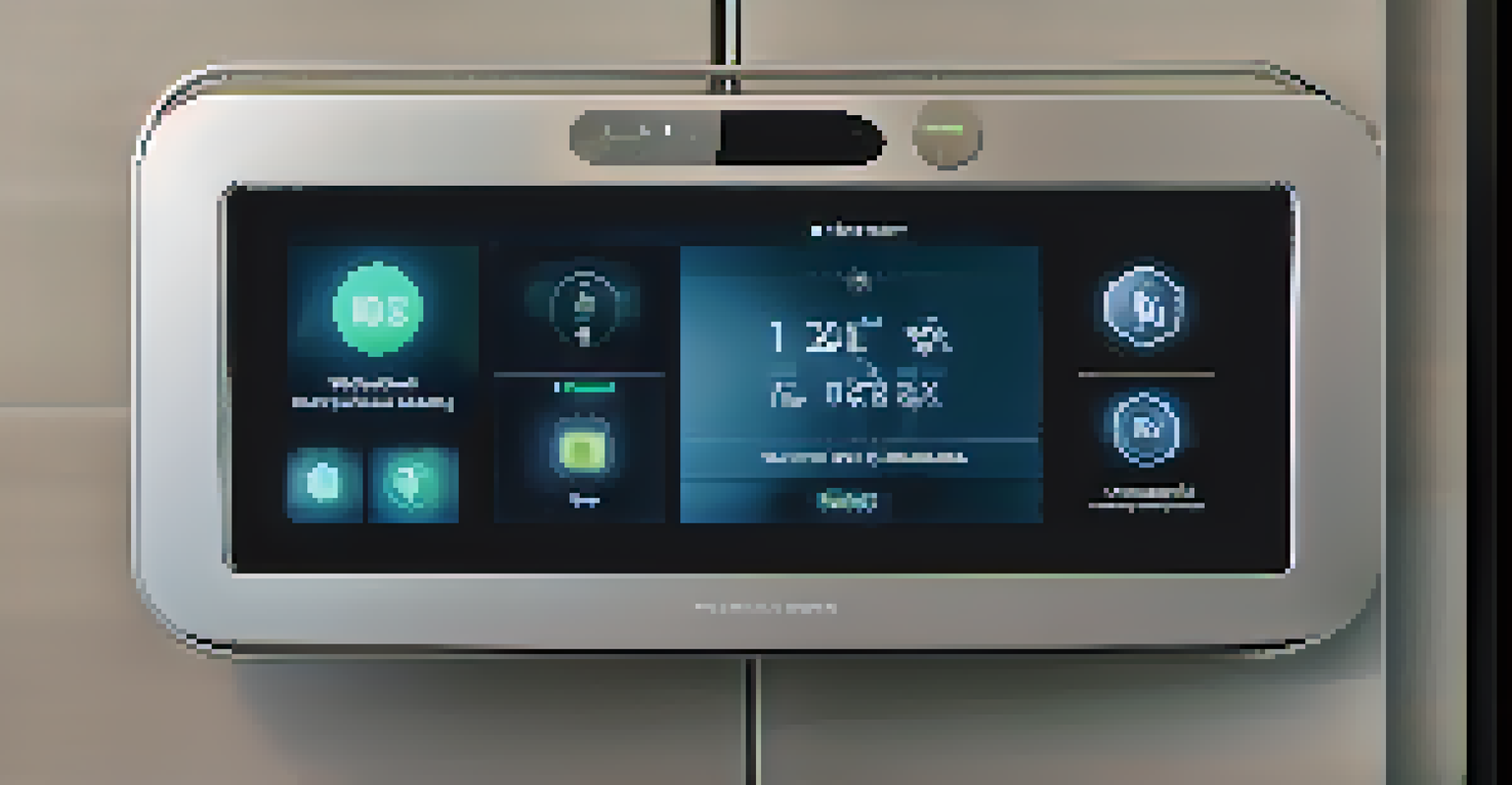 A close-up of a smart home security control panel with a touchscreen display in a modern kitchen.