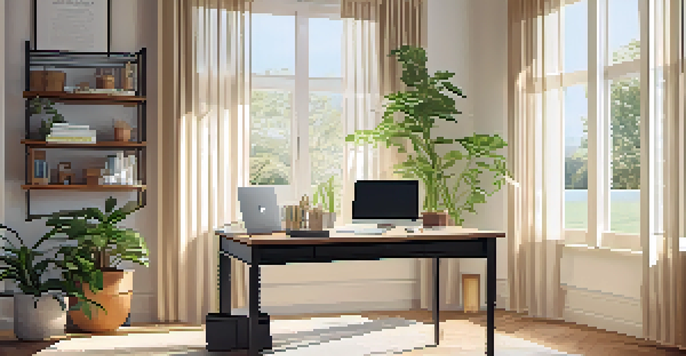 A bright and welcoming office space with a modern desk, laptop, potted plant, and sunlight filtering through the curtains.
