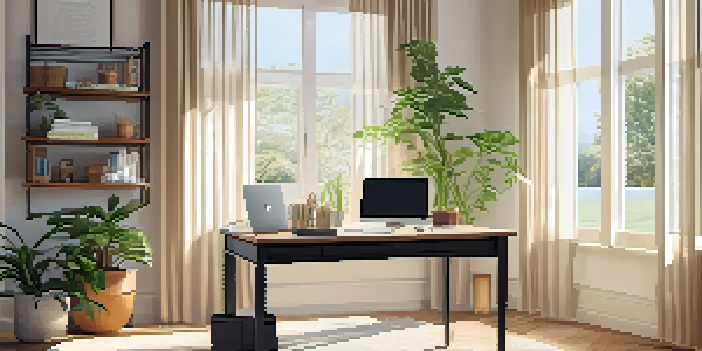 A bright and welcoming office space with a modern desk, laptop, potted plant, and sunlight filtering through the curtains.