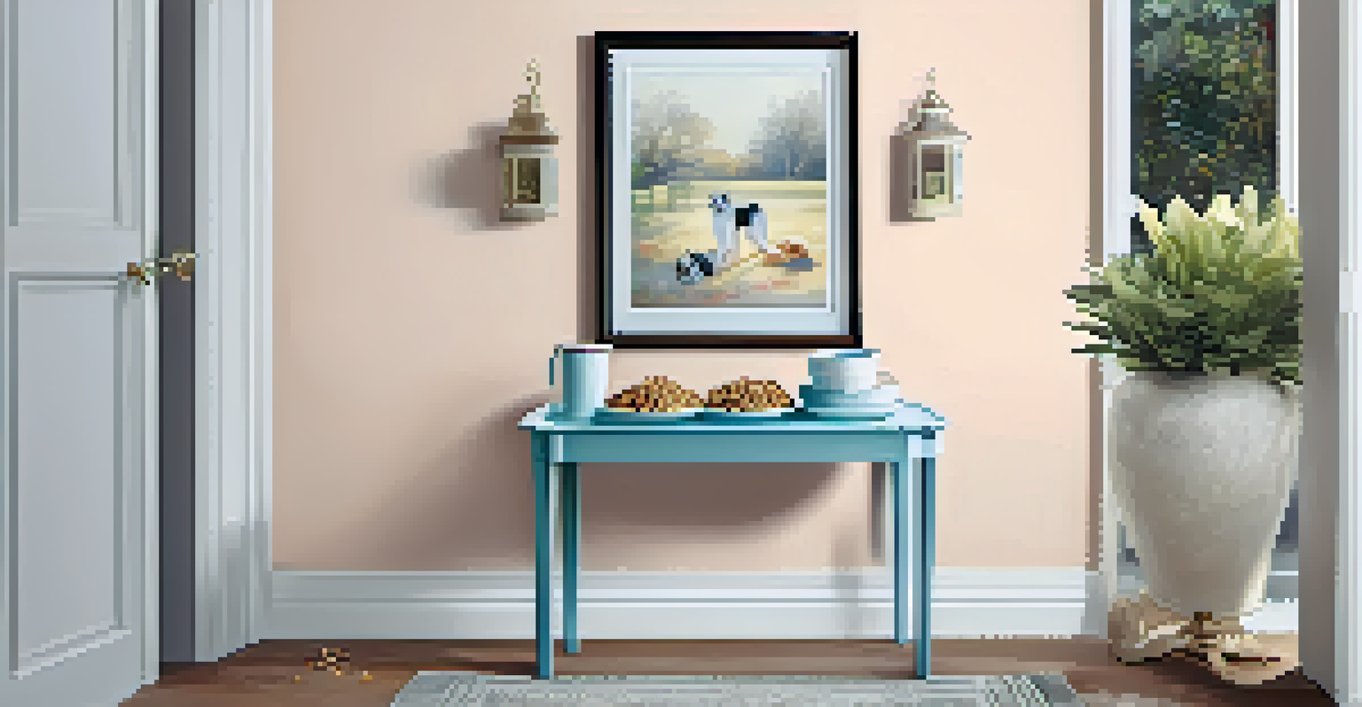 A stylish pet feeding station made from an old side table with elevated bowls and a cozy rug.