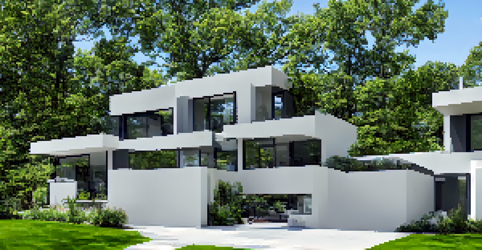 A contemporary house with solar panels and energy-efficient windows surrounded by a green lawn and landscaping.