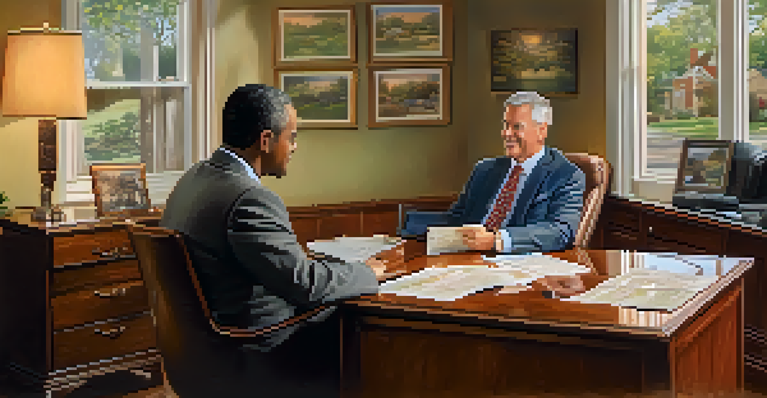 A home insurance agent discussing with a homeowner in a welcoming office, decorated with certificates and maps.