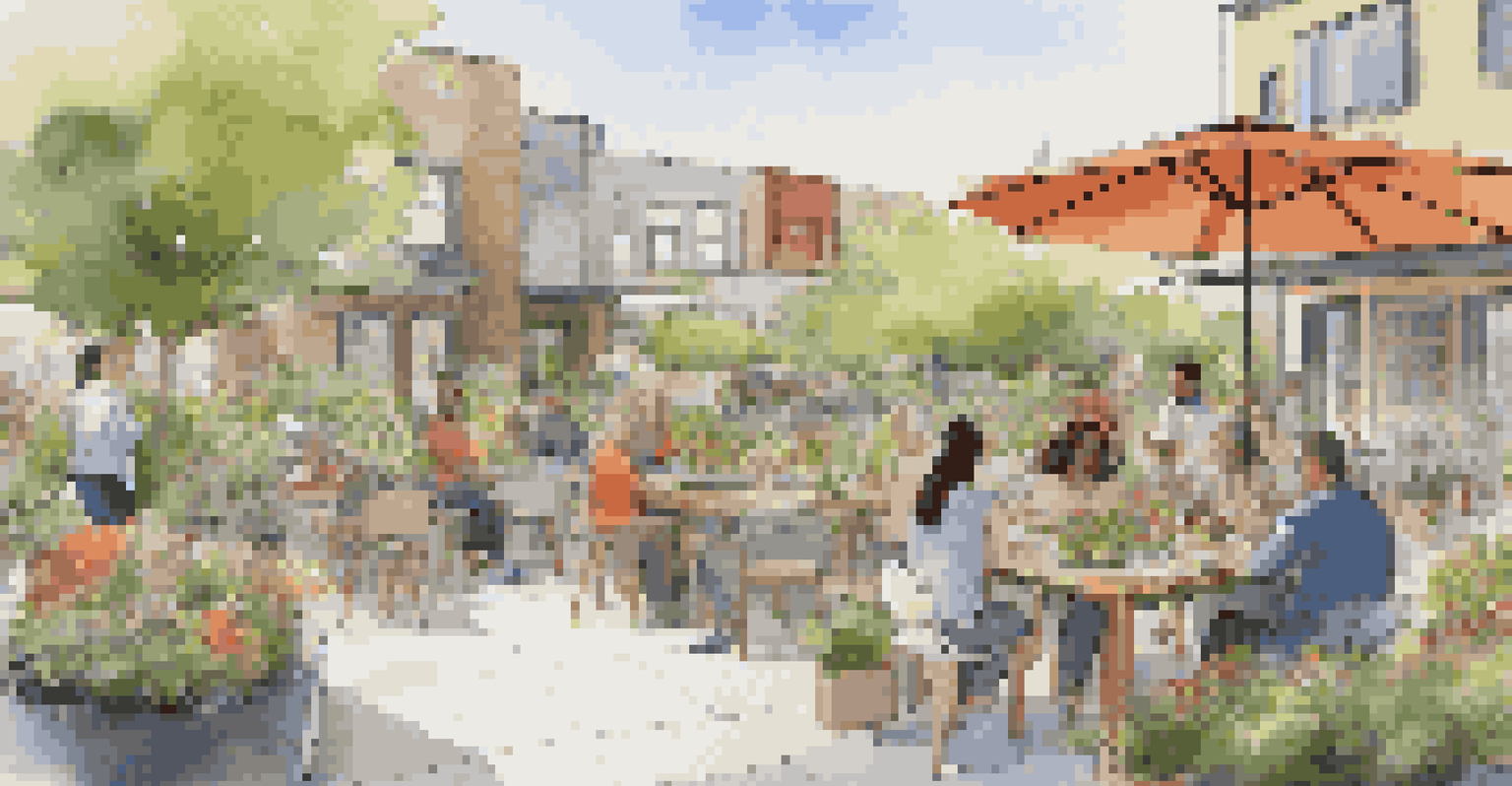 A vibrant outdoor community space where neighbors share smart appliances, promoting interaction and community spirit.