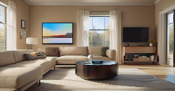 A modern living room showcasing smart home devices with warm lighting and a cozy atmosphere.