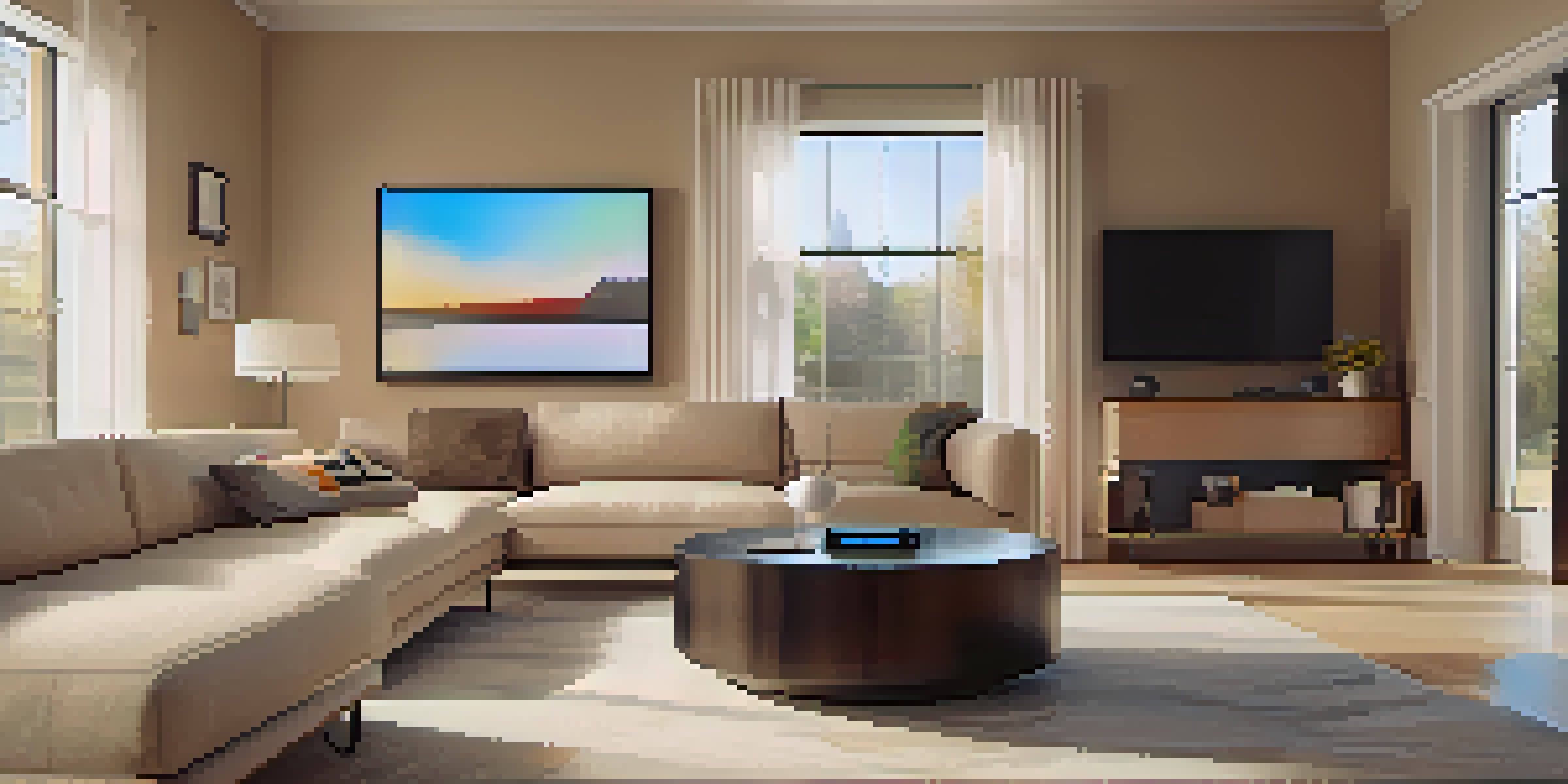 A modern living room showcasing smart home devices with warm lighting and a cozy atmosphere.