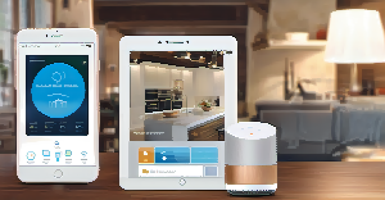 An overhead view of a smartphone displaying a smart home app interface, surrounded by various smart home devices on a wooden table.