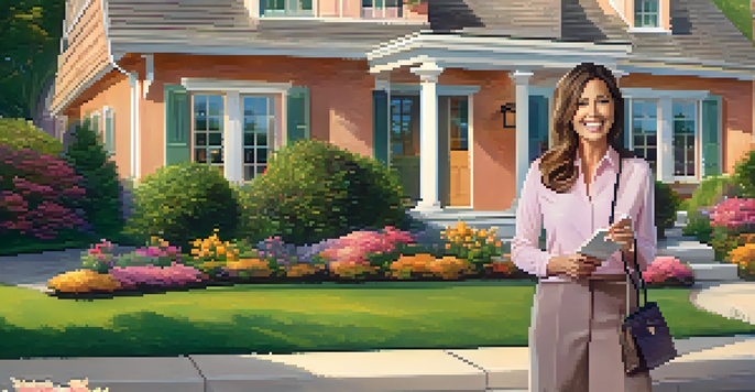 A friendly real estate agent stands in front of a suburban house with a young couple, under a sunset sky.