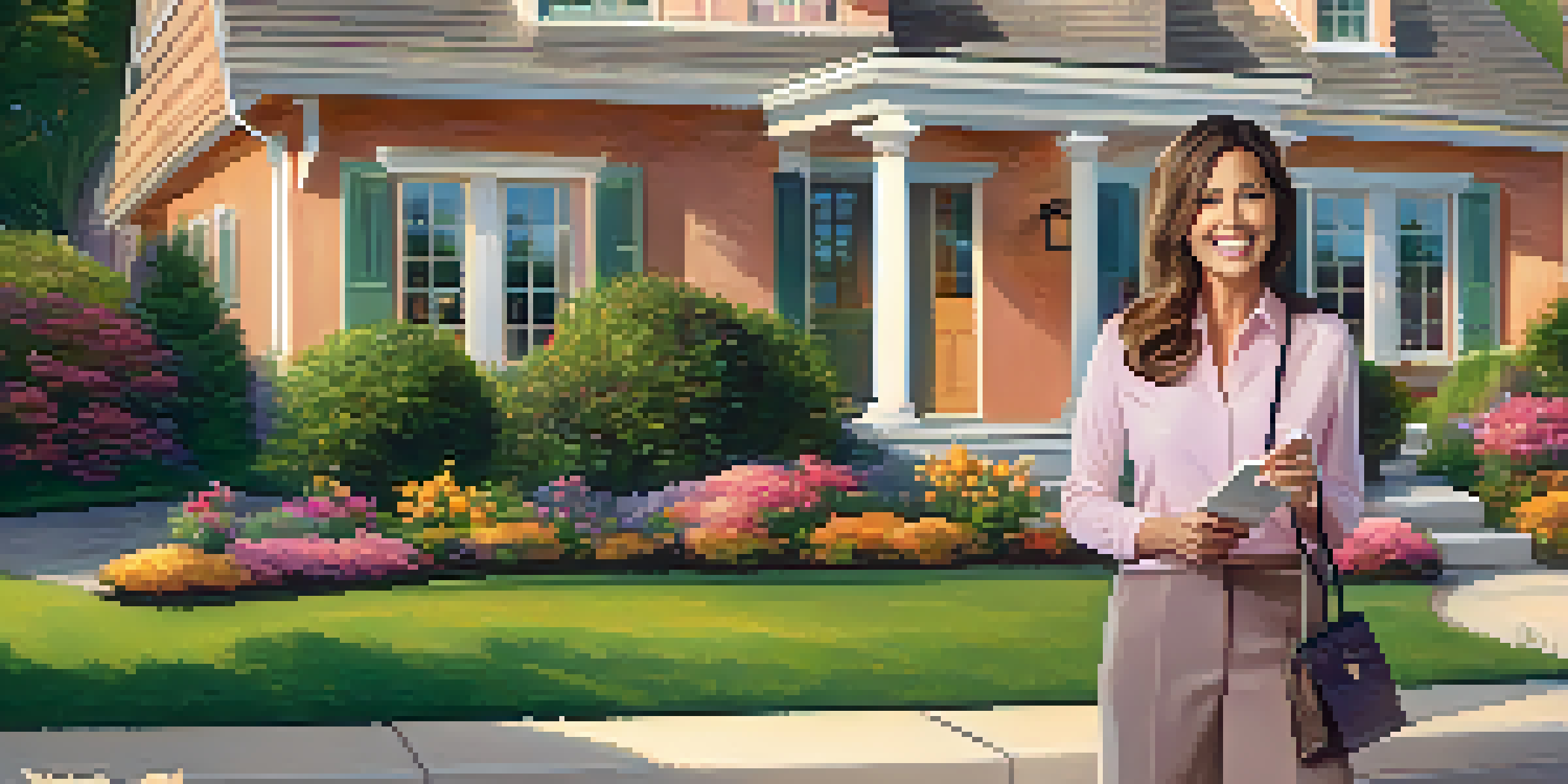 A friendly real estate agent stands in front of a suburban house with a young couple, under a sunset sky.