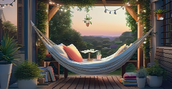 A cozy outdoor reading nook with a hammock, colorful cushions, and glowing fairy lights in a garden setting during sunset.