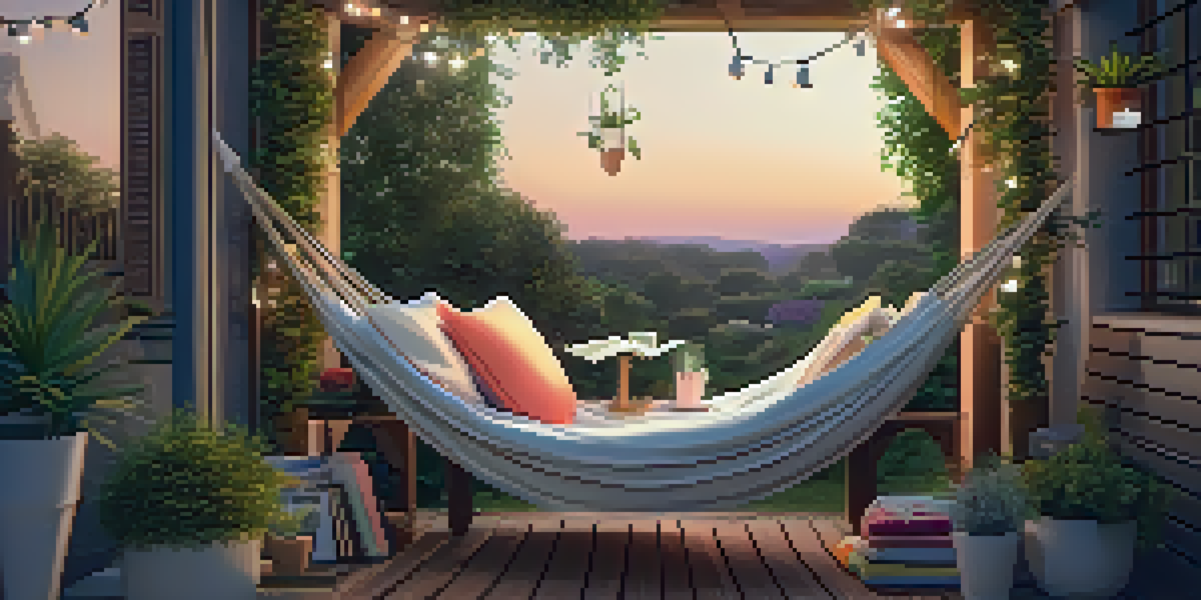 A cozy outdoor reading nook with a hammock, colorful cushions, and glowing fairy lights in a garden setting during sunset.