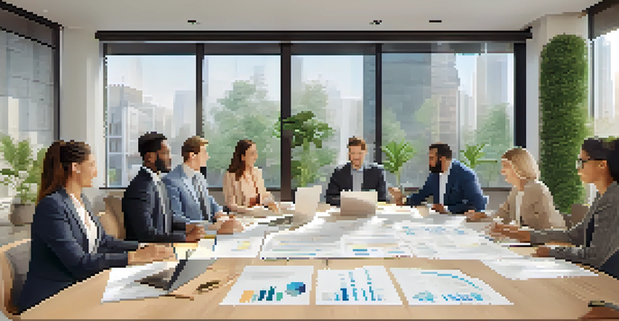 A diverse group of investors discussing real estate plans in a bright conference room.