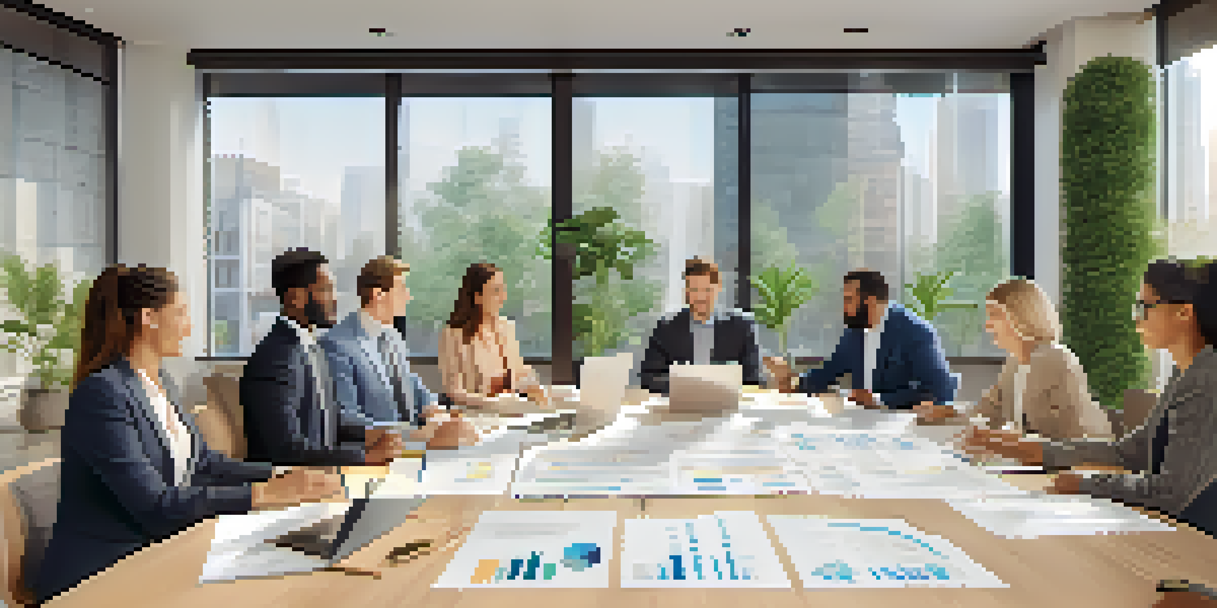 A diverse group of investors discussing real estate plans in a bright conference room.