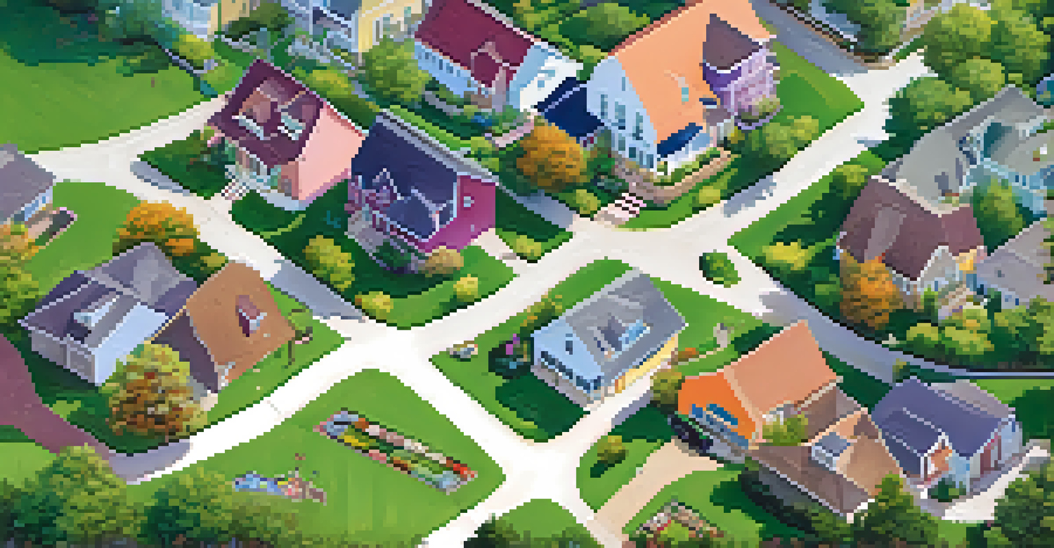 An aerial view of a neighborhood with a mix of homes, green lawns, and a park where children are playing.