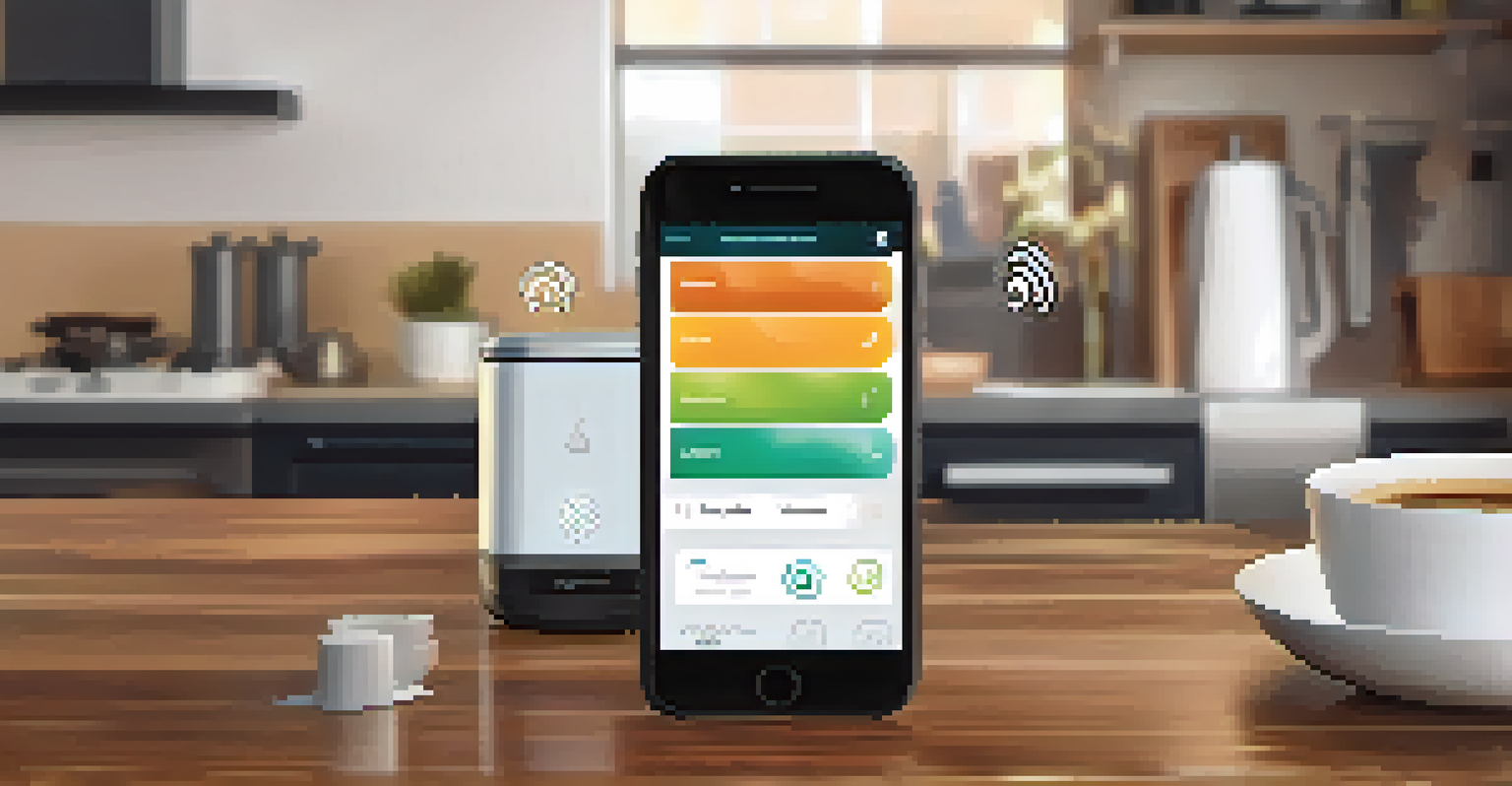 A smartphone with a home automation app for HVAC settings, placed on a kitchen table beside a cup of coffee, in a cozy kitchen setting.