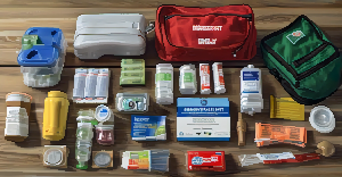 A well-organized emergency preparedness kit with various supplies on a wooden table.