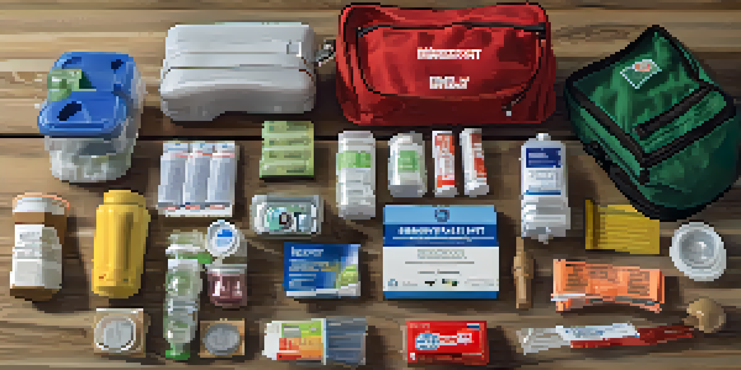 A well-organized emergency preparedness kit with various supplies on a wooden table.