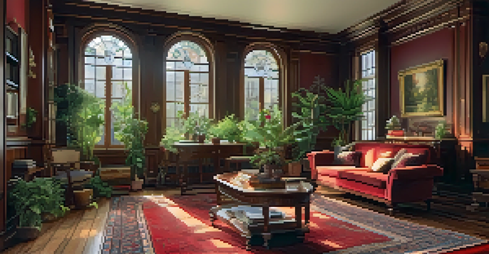 A bright Victorian-style living room with antique furniture and large bay windows, showcasing intricate woodwork and a warm color palette.