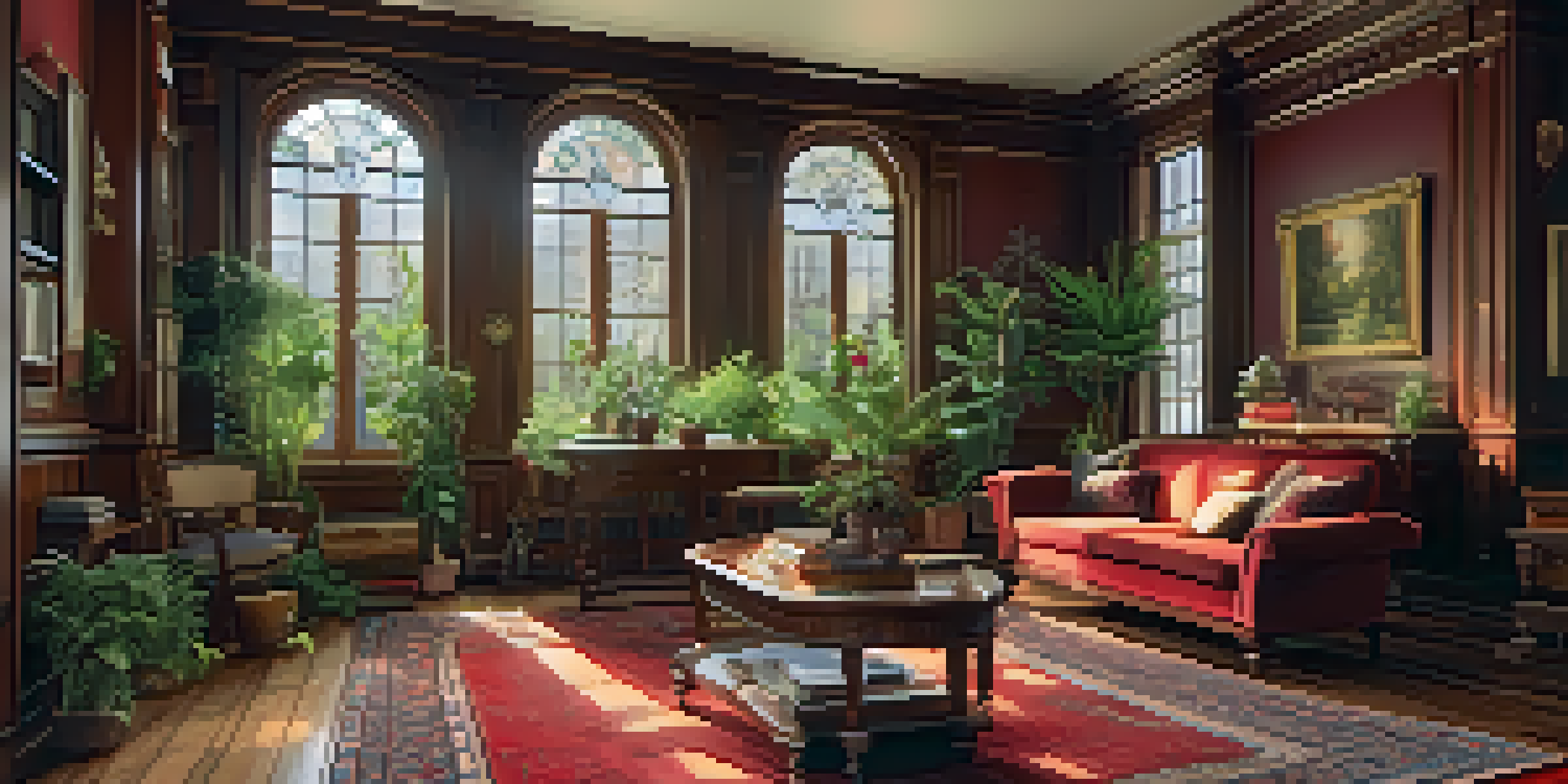 A bright Victorian-style living room with antique furniture and large bay windows, showcasing intricate woodwork and a warm color palette.