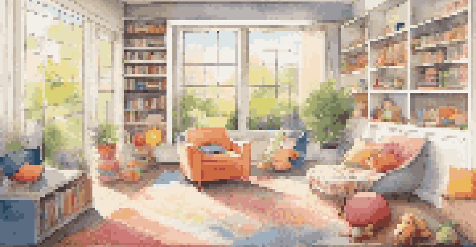 A family-friendly open space with a reading nook and play area, filled with natural light and colorful decor, overlooking a garden.