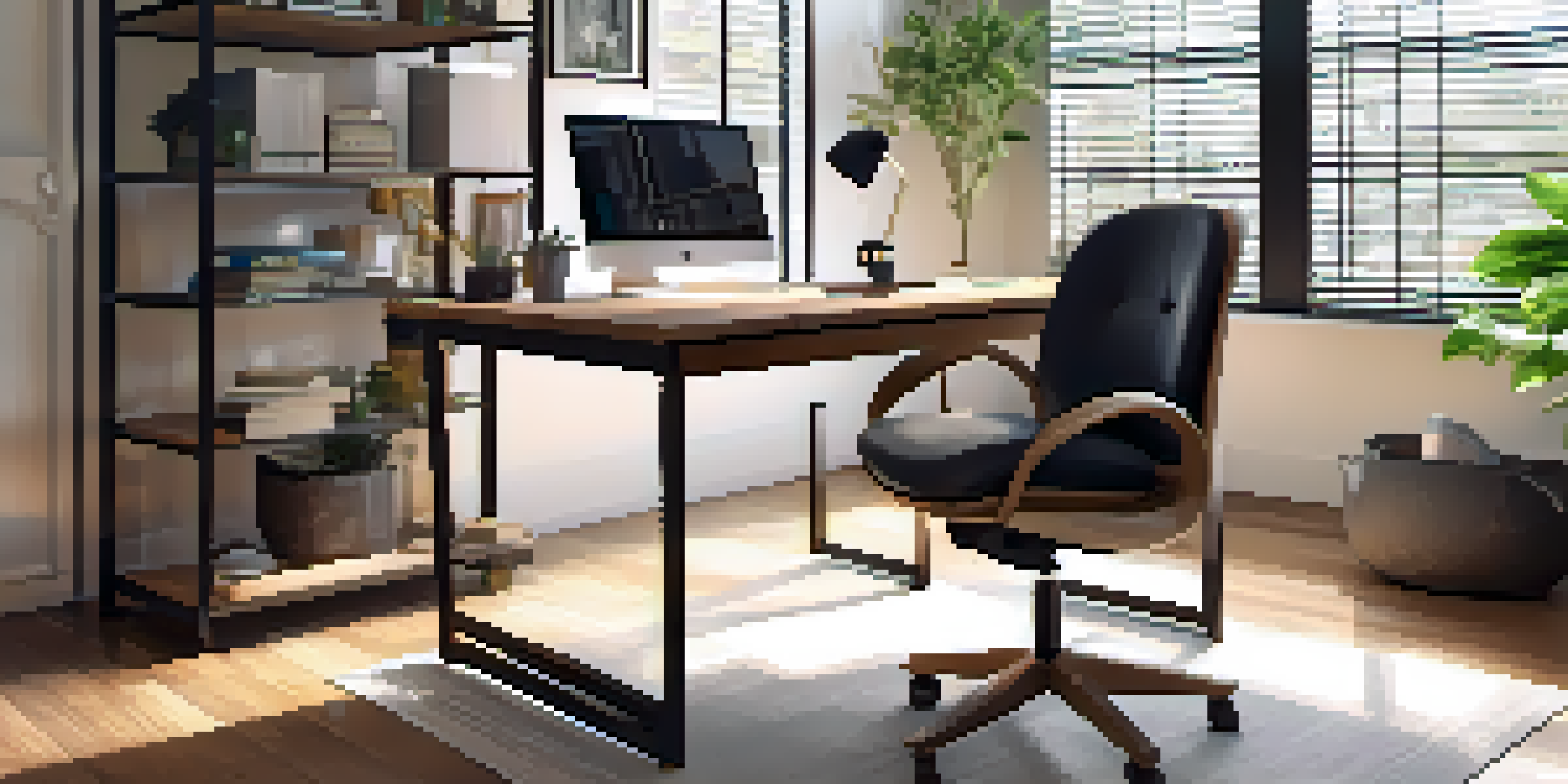 A contemporary home office with an adjustable desk and ergonomic chair, showcasing a laptop and a potted plant in a well-lit environment.